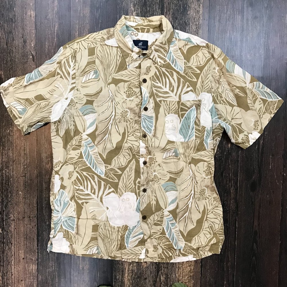 CARIBBEAN JOE Hawaiian Camp Shirt Large 100% Linen Floral Leaf Print Tan Blue